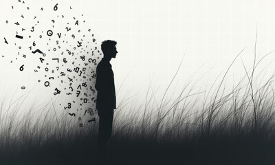 Silhouette of a person absorbing floating letters and numbers in a grassy field.
