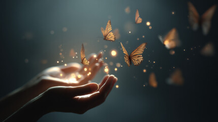 hands releasing glowing butterflies