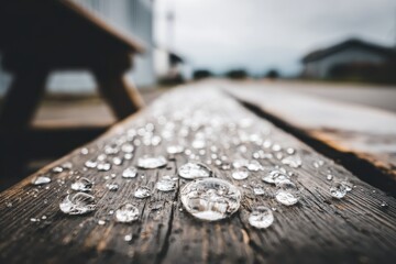 Close-up of water droplets on weathered wooden planks