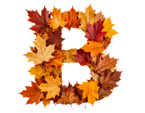 Colorful Autumn Leaves Arranged into the Letter B on White Background