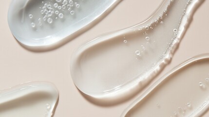 Transparent gel textures in various shapes and sizes on a soft beige background, showcasing the beauty of skincare products and their unique formulations for cosmetic applications