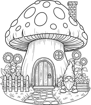 Mushroom House Coloring Page Vector Illustration.