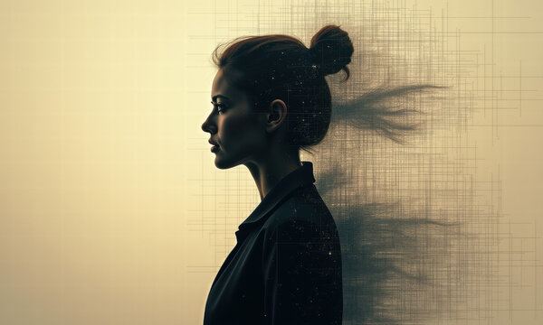 Thoughtful Woman in Profile with Abstract Digital Transformation