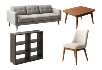 3D furniture icons arranged in a structured layout for home decor apps.