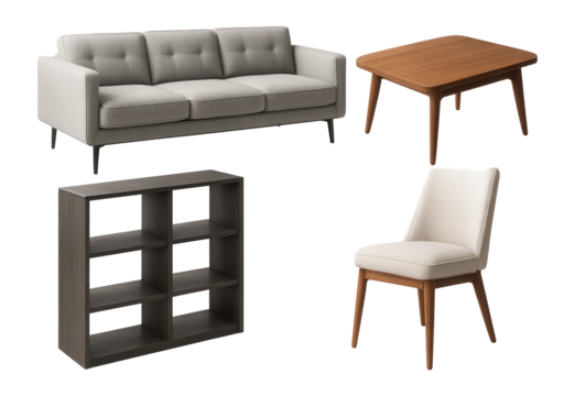3D furniture icons arranged in a structured layout for home decor apps.