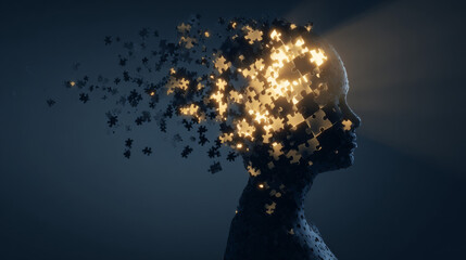 silhouette with puzzle pieces glowing inside head