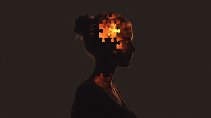 silhouette with puzzle pieces glowing inside head