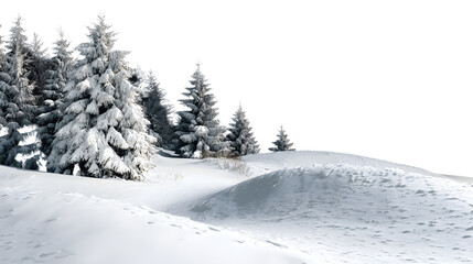 Obraz premium snowy landscape featuring snow-covered pine trees and gentle hills isolated on white background