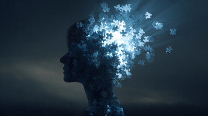 silhouette with puzzle pieces glowing inside head