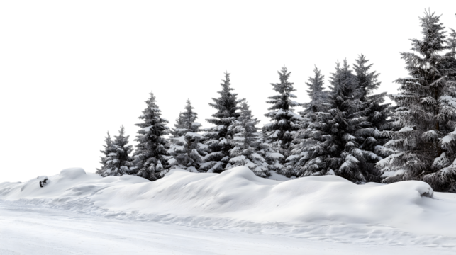 snowy landscape featuring frosted fir trees on  winter's day isolated on white background - Powered by Adobe