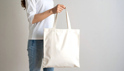 Woman Holding a Blank White Canvas Tote Bag Against a Neutral Background with White Long Sleeves Shirt and Jeans