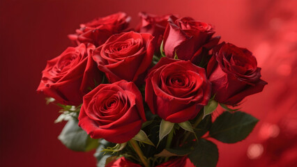 Obraz premium Close-up bouquet of red Valentine’s roses with rich red background. 