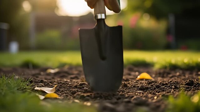 A garden spade digs into rich, dark earth with scattered leaves in a garden setting