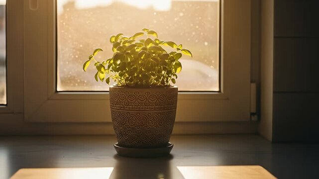 Potted green plant sits on windowsill, bathed in golden light from the adjacent window