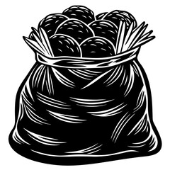 Black and white illustration of a burlap sack filled with potatoes food