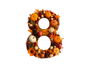 Autumn wreath number eight made of pumpkins and seasonal foliage