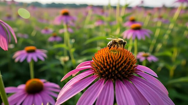 Bee pollinating purple coneflower in field of flowers and green foliage in daylight