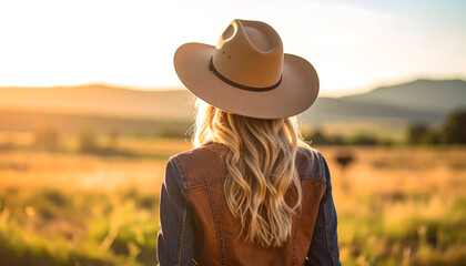 Woman In Cowboy Hat Standing In Field Watching Sunset With Golden Light And Blurred Background