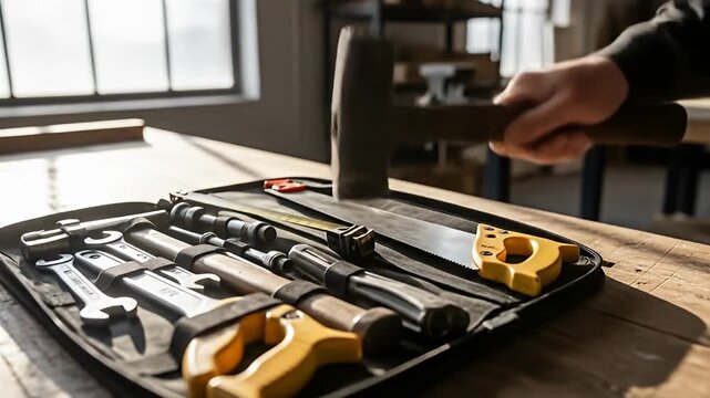 Tools in black case on wooden workbench, hand raising a hammer