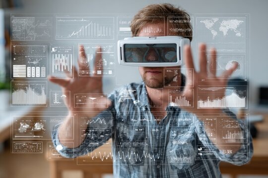 Businessman wearing virtual reality headset is analyzing data and charts in augmented reality interface