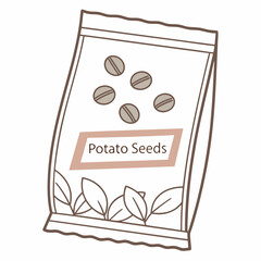 Hand drawn illustration of a potato seeds packet with leaves and seeds planting gardening