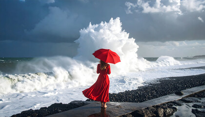 Woman in Red Dress Holding Umbrella Stands on Beach Facing Crashing Waves during Stormy Weather