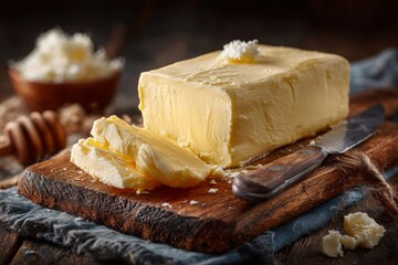 Creamy butter slices are presented on a wooden cutting board, ready for spreading or cooking