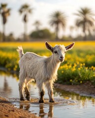 Obraz premium Cute baby goat standing in a puddle in a field of yellow flowers
