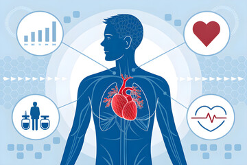 Medical Infographic Illustration of Male Chest with Highlighted Red Heart – Healthcare and Heart Health Concept