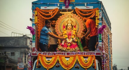 Obraz premium Devotees transport a deity statue in a decorated truck during a festival procession