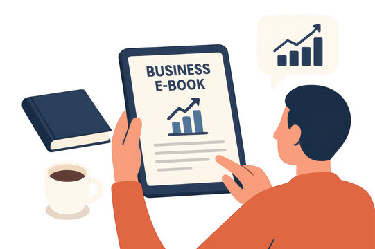 Person is holding tablet displaying business e book with growth chart, symbolizing digital learning and business growth. book, coffee cup, and speech bubble with chart are nearby - Powered by Adobe
