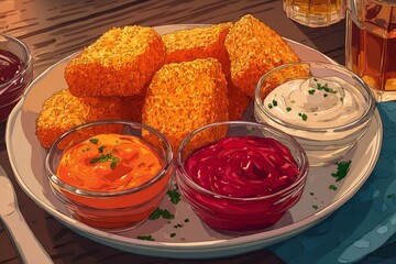 Crispy, golden-brown cheese sticks are served with an assortment of dipping sauces on a plate, creating a tempting appetizer or snack