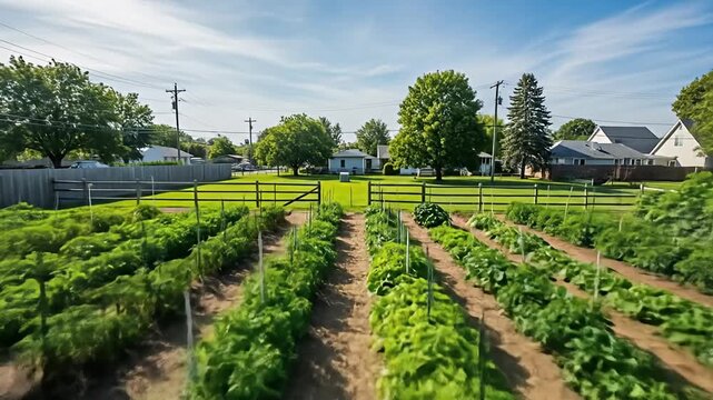 Lush community garden showing multiple rows of growing crops under a partly cloudy sky