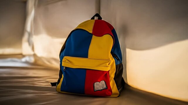 Colorful backpack with book emblem rests inside a tent, lit by soft sunlight