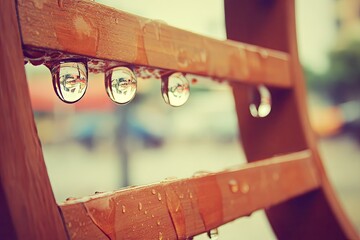 Raindrops clinging to wooden slats, reflecting city