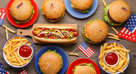 Delicious american patriotic feast featuring burgers hot dogs and fries
