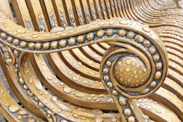 Ornate park bench with water droplets