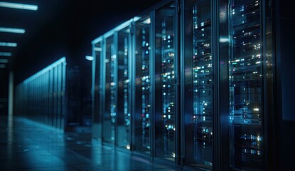 Server racks in a dark, futuristic data center