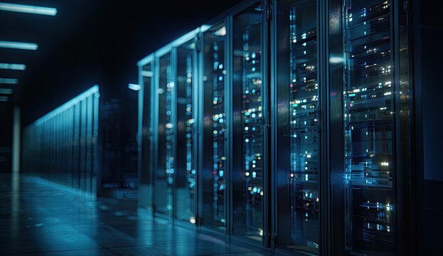 Server racks in a dark, futuristic data center
