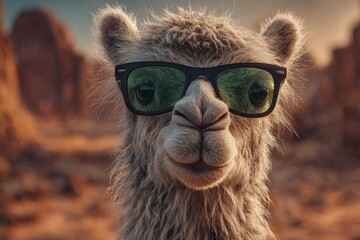 Fototapeta premium Camel wearing sunglasses in a desert environment, adding a touch of humor and coolness to the arid scene