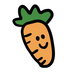 Hand drawn illustration of happy carrot for vegetable, breakfast, lunch, cafe, restaurant, menu, recipe, vegan, brooch, grocery shopping, supermarket, mart, icon, diet, salad, cartoon characters