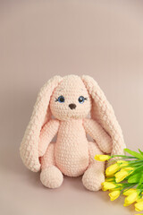 pink plush knitted bunny sitting on a beige background with flowers and with a sign I am sorry