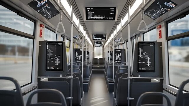 Interior of a modern transit vehicle features informative displays and rows of empty seats