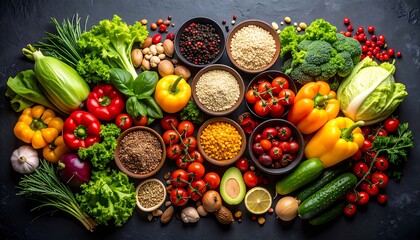Colorful array of fresh produce and grains