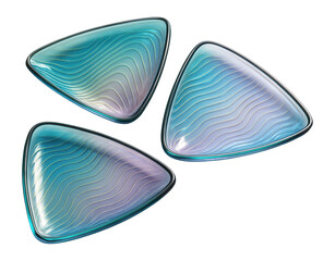 Glass triangular plates with iridescent gradient and wave line pattern.