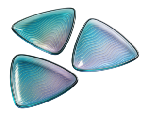 Glass triangular plates with iridescent gradient and wave line pattern.