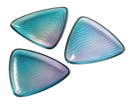Glass triangular plates with iridescent gradient and wave line pattern.