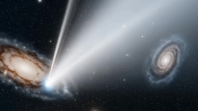 Galaxy ejecting matter, radiating energy into space filled with stars and galaxies