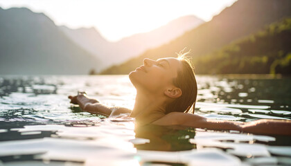 Woman Relaxing In Lake Water With Open Arms Under Sunlight Mountains In Background