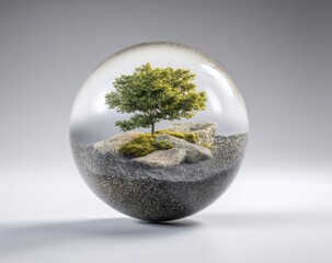Small tree inside clear sphere, rocks & moss